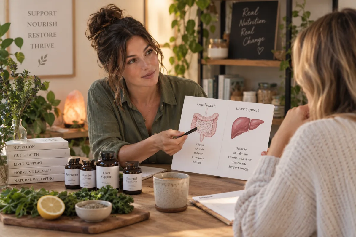 Nutritionist explaining a gut health and liver support diagram to a client, with probiotic and liver support supplements on the table