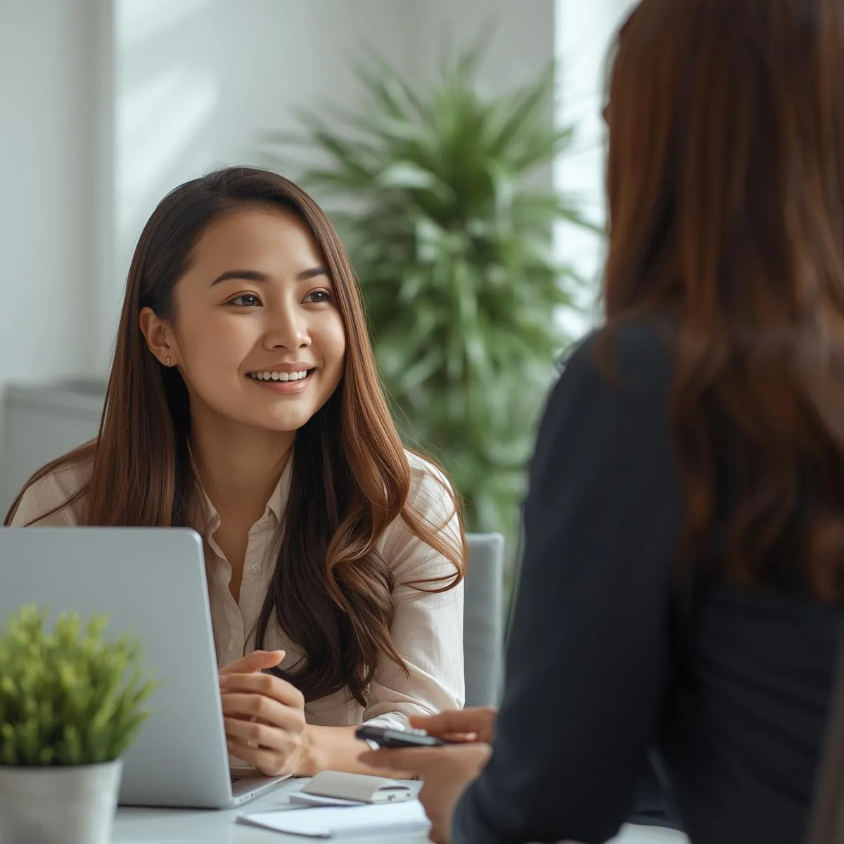 Practitioner talking with a client across a desk during a consultation